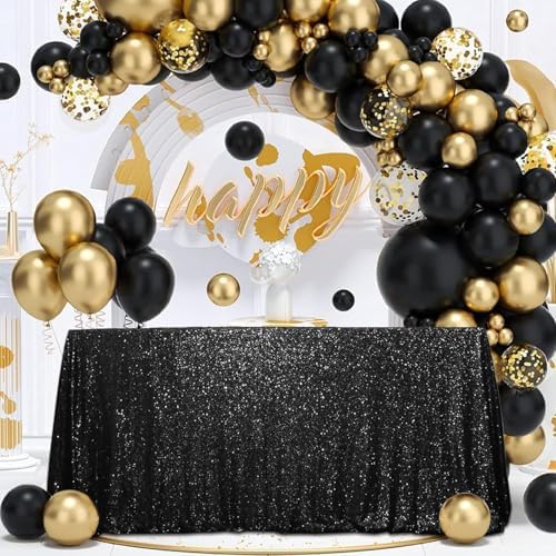 SquarePie Sequin Tablecloth 90x156 Inch Black for Halloween Wedding Party by SquarePie