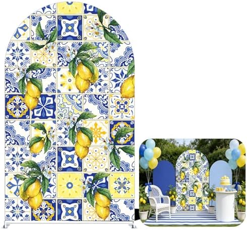 NIVIUS PHOTO Mediterranean Lemon Arch Backdrop Blue & Yellow Tile Party Decor for Indoor/Outdoor Events, Birthday Photo Booth Background (6X3FT,ZUS-Arch-GX-1180) by NIVIUS+PHOTO