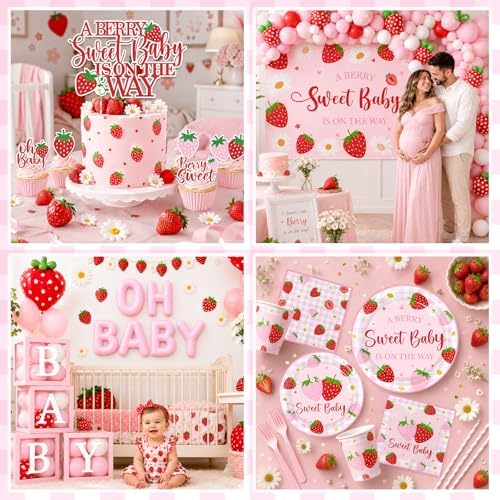 Strawberry Baby Shower Decorations,276pcs Berry Sweet Baby Shower Decorations Plates And Napkins Cups Banner Backdrop Tablecloth Cake Topper Balloon for A Berry Sweet Baby Is On The Way Decorations - Image 5