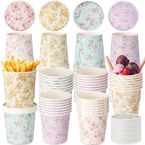 Roshtia 60 Pack Floral Themed Ice Cream Cups, 16 oz Disposable Soup Cups Microwave Safe for Floral Themed Birthday Party Women Bridal Wedding Tea Party Baby Shower, Hot or Cold Food by Roshtia