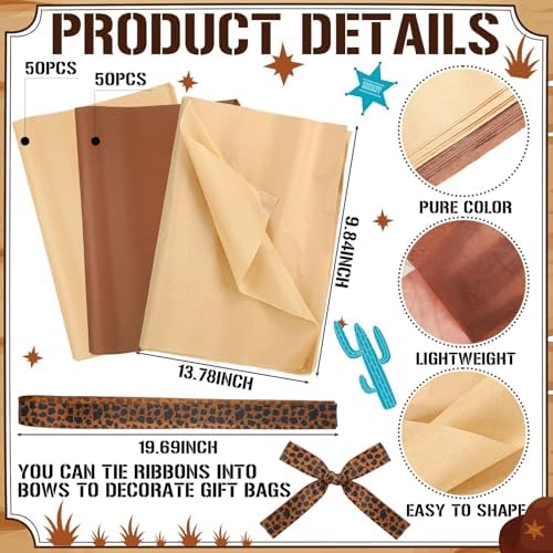 Weekgrat 50 Pcs My First Rodeo Birthday Party Favors Bags with Handles for Guest Western Cowboy 1st Birthday Gift Bag with Tissue Paper Ribbons Cowboy Candy Bag My First Rodeo Party Supply(Brown) - Image 3