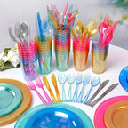 WDF 25 Guest Blue Plates with Disposable Silverware&Blue Cups-Neon Clear Plastic Dinnerware include 25 Dinner &Salad Plates,25Forks, 25 Knives, 25 Spoons,25 Cups for Graduation (Pack of 2) - Image 4
