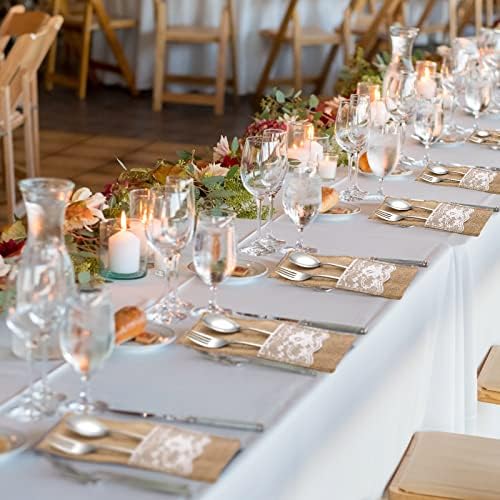 Windyun 100 Pcs Burlap Utensil Pouches Silverware Holders with Lace - Image 5