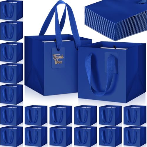Windyun 50 Pcs Mini Paper Gift Bags with Handle 6 x 6 x 6'' Square Small Favor Bag with DIY Thank You Tag for Christmas Birthday Wedding Bridal Shower Bridesmaid Graduation Party (Dark Blue) by Windyun