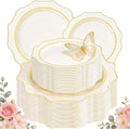 WDF 100PCS Ivory Plastic Plates with Gold Rim - Cream Plastic Plates - Include 50 Dinner & 50 Dessert Fancy Disposable Plate for Party - Heavy Duty Beige Plate for Baby Shower/Wedding by WDF