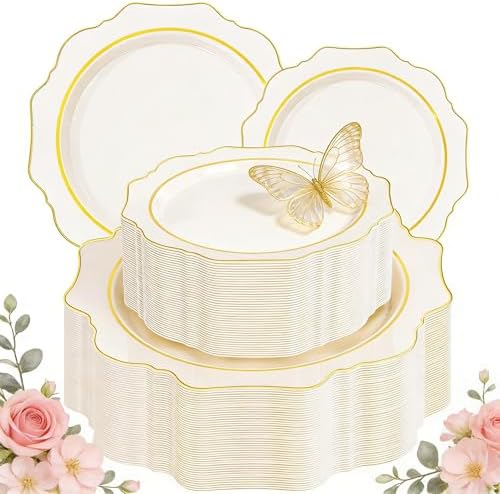 WDF 100PCS Ivory Plastic Plates with Gold Rim - Cream Plastic Plates - Include 50 Dinner & 50 Dessert Fancy Disposable Plate for Party - Heavy Duty Beige Plate for Baby Shower/Wedding by WDF