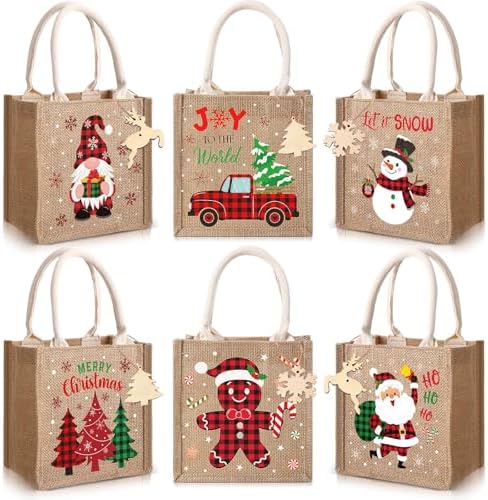 Sweetude 6 Pack Christmas Linen Burlap Bags with Tags,Plaid by Sweetude