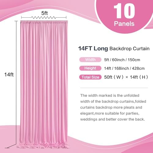 50×14 ft Pink Wrinkle Free Backdrop Curtain, Soft Silky Polyester Wedding Drapes 10 Panels 14ft Height Baby Pink Photo Backdrop Curtains for Parties Birthday Baby Shower Photography Background Cloth - Image 4