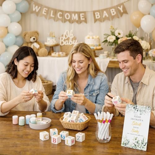 119 Pcs Baby Shower Game – 64 White Wooden Cubes to Decorate, Storage Box, 48 Acrylic Markers, 5 stencil templates & Instruction Sign - Image 6