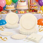 200Pcs Ivory Paper Plates and Napkins Party Supplie, Scalloped Tableware Set Serves 50 Guests, Paper Plates Forks Cocktail Napkins for Bridal Shower Baby Shower Wedding Birthday Party - Image 4
