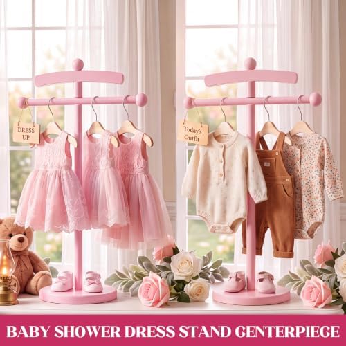 Marsui 2 Sets Wooden Baby Clothes Display Stand with 3 Hangers Plaque, Pink - Image 3