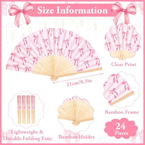 JarThenaAMCS 24 Set Pink Bow Folding Hand Fan with Thank You Tags Organza Bags Coquette Bow Paper Fans Decorative Handheld Fans for Birthday Bachelorette Bride Shower Party Favors - Image 2