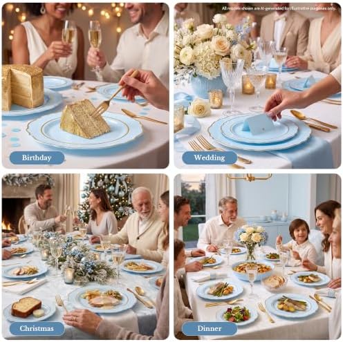 realluck 200PCS Light Blue Plastic Plates with Gold Trim Baroque - Image 3
