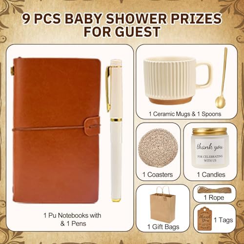 Baby Shower Prizes for Game Winners Baby Shower Games Prizes Ceramic Mugs with Metal Spoons Woven Coasters Notebooks Scented Candles Gift Bags Wedding Bridal Shower Favors for Guests (1, Brown) - Image 3