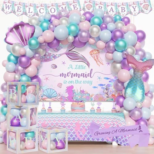 Party Inspo Mermaid Baby Shower Decorations for Girls, Our Little Mermaid Is On The Way Backdrop Balloon Its a Girl Banner Tablecloth Cake Topper Box Cutout for Girls Under the Sea Party Supplies by Unknown