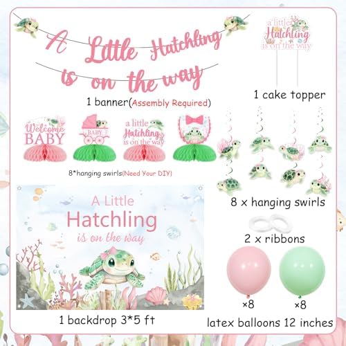 Jollyboom Sea Turtle Baby Shower Decorations Girl, a Little Hatchling Is On The Way Backdrop Banner Cake Topper Hanging Swirls Ceiling Streamers Garland Balloons Table Honeycomb Centerpieces - Image 6
