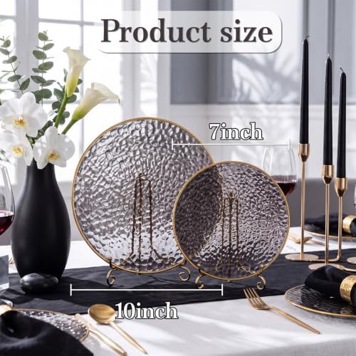 Rubtlamp 60Pcs Black Plastic Plates, Black Disposable Plates With Gold Rim, Clear Heavy-duty Party Plates, Hammered Plastic plates Include 30 Dessert Platos, 30 Dinner Platos for Party - Image 2