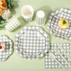 400 Pcs Gingham Party Supplies for 50 Guests Sage Green and White Scalloped Paper Plates and Napkins Knives Spoons Forks Cups Disposable Checkered Dinner Party Set for BBQ Baby Shower Wedding - Image 3