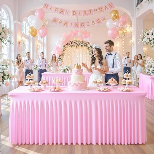 gogoparti 4 Pack Spandex Pink Fitted Table Cloth for 6ft Rectangle Tables Pink Stretch Tablecloth Table Covers Banquet Table Clothes Wrinkle Free Table Skirt for Parties Wedding - Image 4