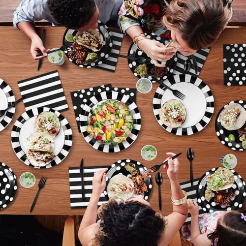 170Pieces Black and White Party Supplies Disposable Paper Plates Napkins Cups Knives Spoons Forks Plastic Tablecloths For Wedding Baby Bridal Shower New Years Decor Serve 24 - Image 6