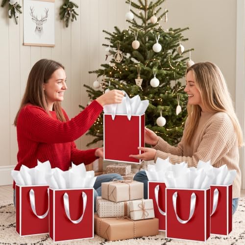 Yeaqee 50 Pack Metallic Paper Gift Bag Bulk with Handle, Red, White - Image 6