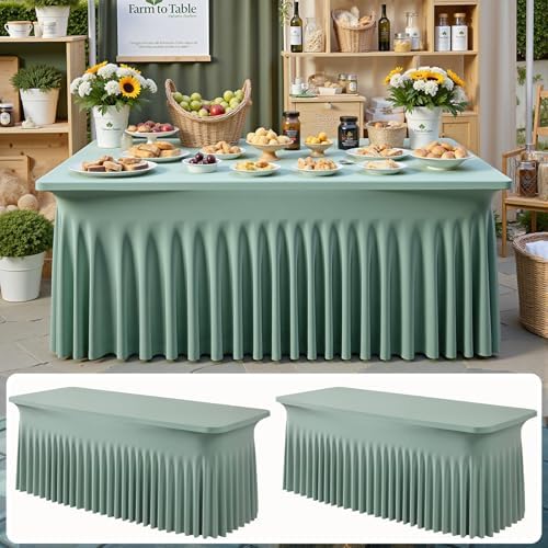 NSSONBEN 2 pk Sage Green Spandex Tablecloth for 6 Foot Rectangle Tables,Wrinkle Free Fitted Spandex Table Covers 6ft Stretch Table Cloths with Ruffle Skirt for Parties Weddings Banquet Baby Shower by ENJOYYOURPARTY
