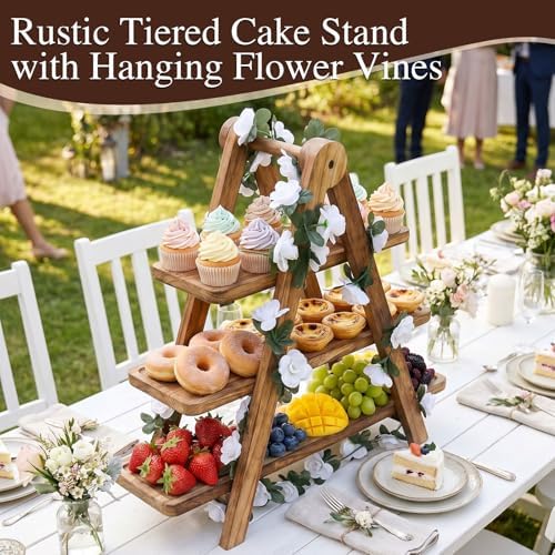Brown Wood 3 Tier Foldable Serving Tray for Cupcake Dessert Stand,Rectangular Farmhouse Stand Charcuterie Board Wedding Party Decorative Tray Decor - Image 3