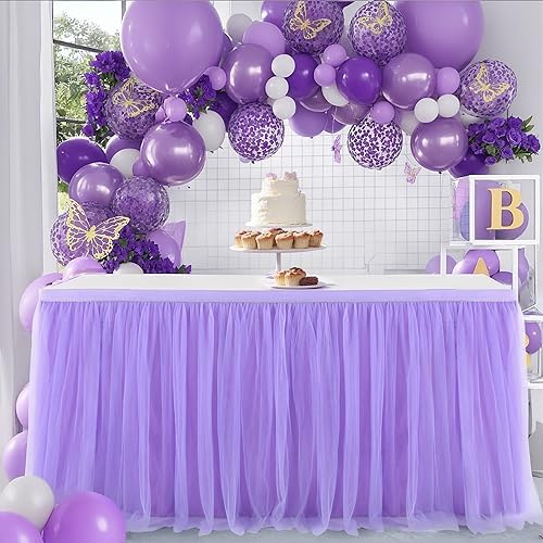 Suppromo Purple Tulle Table Skirt Tutu Table Cloth for Rectangle Tables or Round Tables for Baby Shower Girl Mermaid Birthday Party Wedding Cake Dessert Home Decoration(L14(ft) H 30in, Purple) by Suppromo