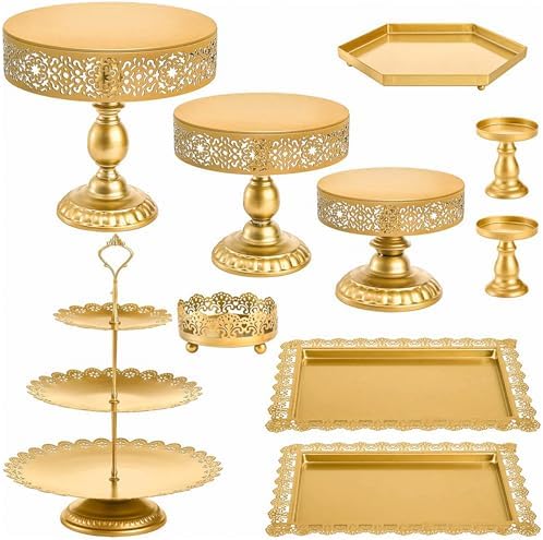 10 Pieces Gold Cake Stand Set, Metal Round Cupcake Holder Dessert Display Plate Serving Platter, Dessert Table Stands and Trays Set for Christmas, Wedding, Birthday, Anniversary, Tea Party by Suwimut