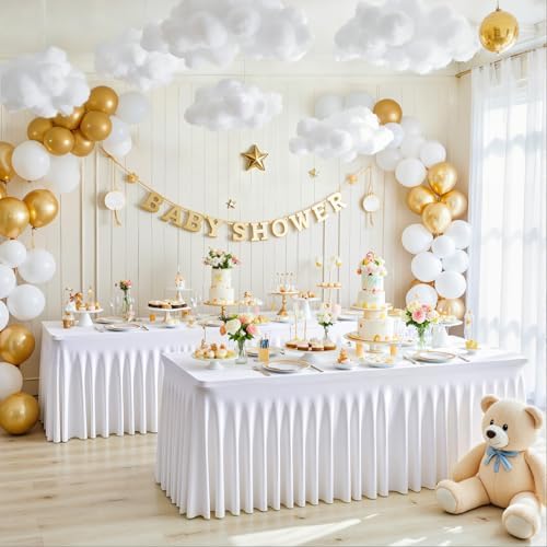 White Table Cloth for 6 Foot Rectangle Tables Fitted Stretch Spandex Table Cover with Skirt 6ft Baby Shower Birthday Party Banquet Ruffle Tablecloth Wedding Table Cloths Desk Skirt, 4 Pack - Image 4
