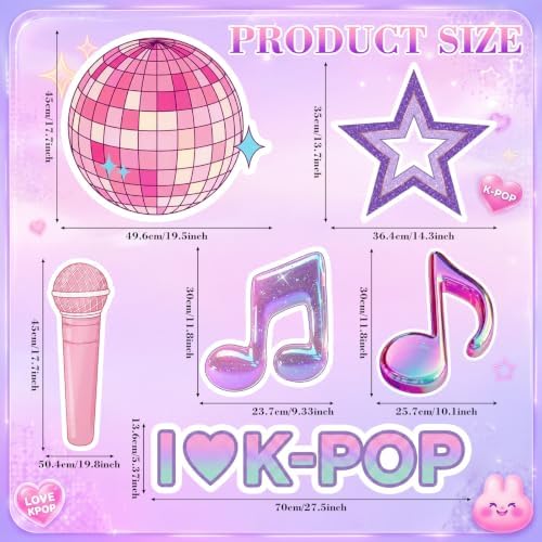Honoson 6 Pcs Large 24" x 32" Kpop Theme Party Decoration Cardboard Cutouts Standee, Kpop Music Note Microphone Disco Ball Backdrop for Birthday Party Supplies Fan Meetup Photo Booth Props - Image 2