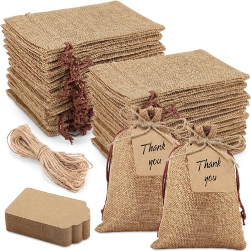 Woanger 100 Pcs Drawstring Burlap Gift Bags 4x6'' with Tags, Dark Brown by Woanger