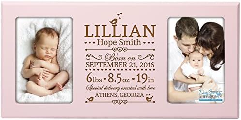 Personalized New Baby birth announcement picture frame for newborn boys and girls Custom engraved photo frame for new mom and dad parents and grandparents holds 2 4x6 photos (Pink) by LifeSongMilestones