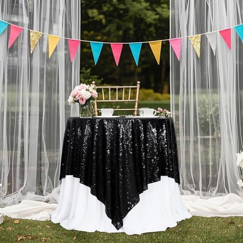 Poise3EHome Black Sequin Tablecloth 90×90 Inch Square Sequin Fabric Table Cover Overlay for Halloween Baby Shower Birthday Party Wedding Holiday Cake Table Decoration - Image 3
