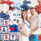 Baseball Baby Shower Decorations – 102 PCs A Little Slugger Is On The Way Backdrop, Balloon Garland Cake Topper Boxes Tablecloth Baseball Sash for Boy Baby Shower Party - Image 6