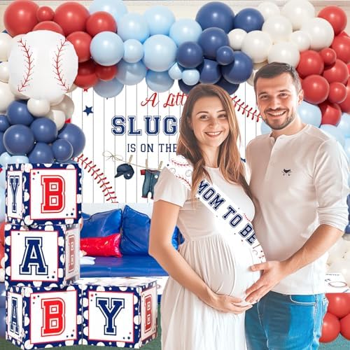 Baseball Baby Shower Decorations – 102 PCs A Little Slugger Is On The Way Backdrop, Balloon Garland Cake Topper Boxes Tablecloth Baseball Sash for Boy Baby Shower Party - Image 6