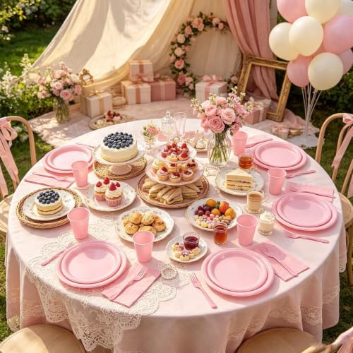 250Pcs Disposable Light Pink Plastic Plates and Napkins for Birthday Party - Image 4