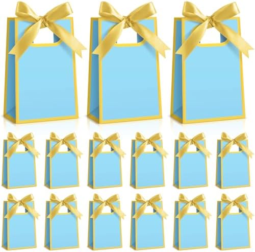 AmazingSpark 50 Pcs Light Blue Gold Mini Gift Bags Bulk 6.3 x 3.9 x 2.8 Inch Party Favors Elegant Small Gift Bags with Handles and Ribbon Bows for Wedding Birthday Bridal Baby Shower Party Favors by Unknown
