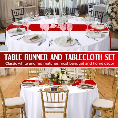 Tudomro 16 Pcs White and Red Round Tablecloth and Satin Runner Set - Image 5