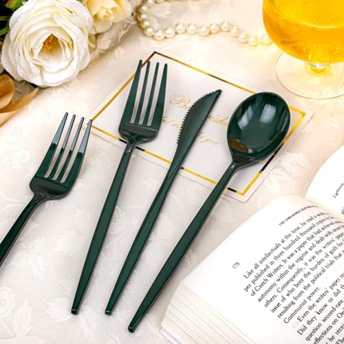 PULOTE 150PCS Green Plastic Silverware - Plastic Cutlery Set Disposable - Green Plastic Utensils Include 50 Forks, 50 Spoons, 50 Knives for Party&Christmas - Image 4