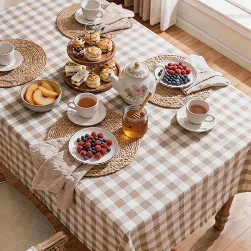 Gingham Tablecloth Rectangle Table, Cotton Linen Fabric Picnic Checkered Table Cloth Farmhouse Washable Wrinkle Free Buffalo Plaid Table Cover for Outdoor Birthday Party, Beige, 60x120 - Image 5