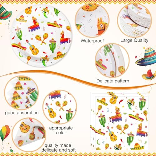 Ceenna 452 Pcs Mexican Party Decoration Supplies for 50 Guest, Mexican Plates Napkins Cups Tablecloth Cutlery Straw Fiesta Disposable Tableware for Cinco De Mayo Taco Birthday Wedding Party Decoration - Image 2