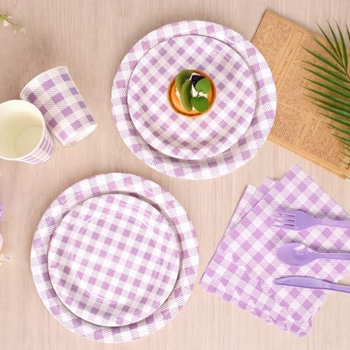 Vyntra 350-Pc Lavender Gingham Paper Plates and Napkins Party Supplies - Image 7
