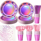 Iridescent Pink Party Supplies Decorations Serve 50, Hot Pink Holographic Paper Plates and Napkins Set, Disposable Pink Paper Plates Cups Knives Spoons Fork for Mermaid Disco Kpop Birthday Party Decor by EnjoyYourFunnyParties