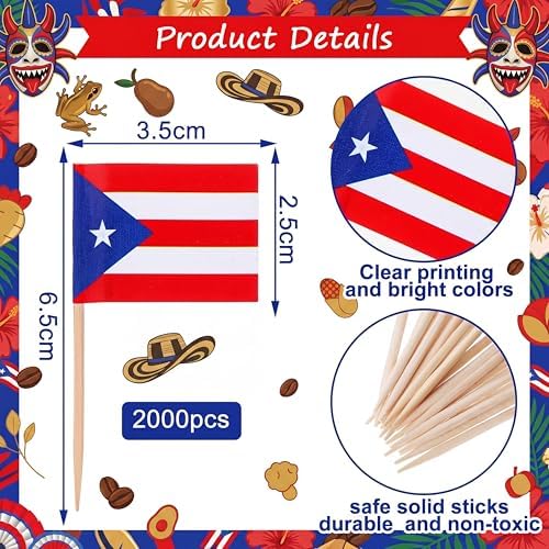 Meanplan 2000 Pcs Puerto Rico Toothpick Flags, Puerto Rican Flag Toothpicks, Cupcake Toppers, Mini Stick Decorations Food Picks for Country Party Birthday Cocktail Ice Cream Cake - Image 2