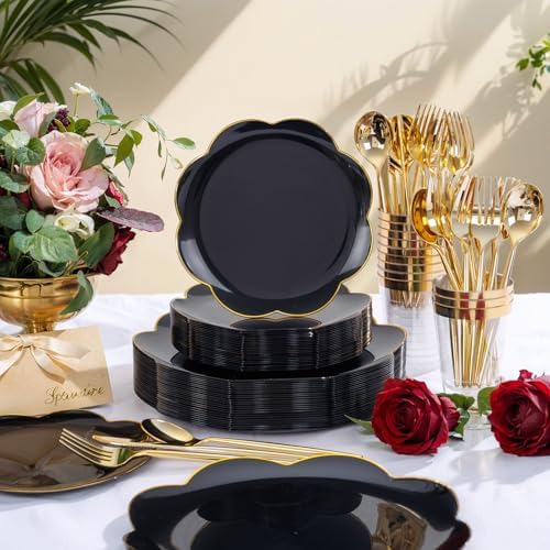 ejonirinjonir 180pcs Double Gold Rim Black Plastic Plates for Birthday - Image 4