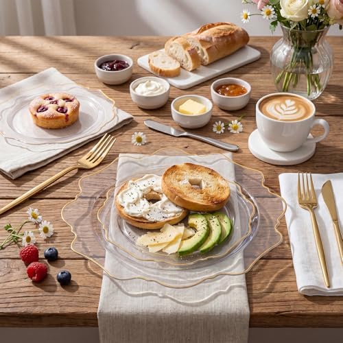 WDF 350Pcs Clear and Gold Plastic Plates - Heavy Duty Clear Plates Disposable - Gold Dinnerware Sets of 100 Plastic Plate 150Silverware 50 Cups 50 Napkins for Wedding/Baby Shower - Image 5