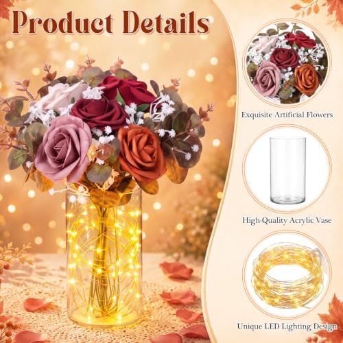 Domensi Set of 6 LED Lighted Floral Table Centerpieces, Faux Roses, Eucalyptus & Baby's Breath in Acrylic Vase, Glowing Rustic Wedding Decor for Bridal Shower & Dining Table (5 Colors) - Image 3