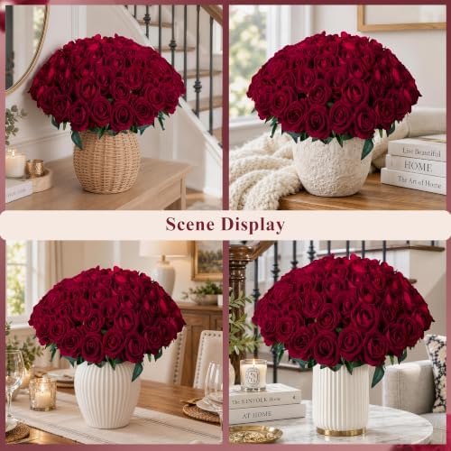 100 PCS Burgundy Roses Artificial Flowers, Fake Roses with Stem Realistic Silk Roses for DIY Wedding Bouquets Table Centerpieces Arrangement Baby Shower Birthday Home Decor Valentines Day Gift for Her - Image 6