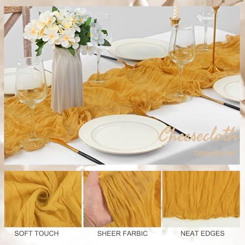 12 Pack Mustard 10FT Cheesecloth Table Runner Rustic Gauze Fabric Cheese Cloth Table Runner for Wedding Bridal Baby Shower Table Decor Boho Sheer Birthday Party Table Decorations 20 x 120 Inch Long - Image 3